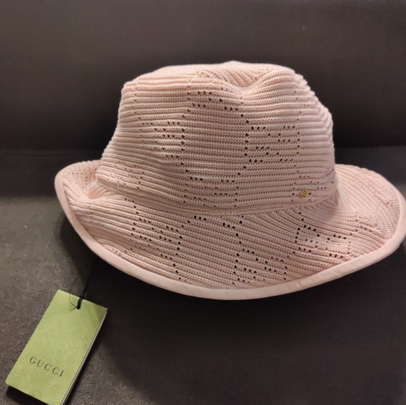 Gucci Knitted Crochet Malibu GG Fabric Leather Bucket Hat Pink XL 59 cm New main image 6